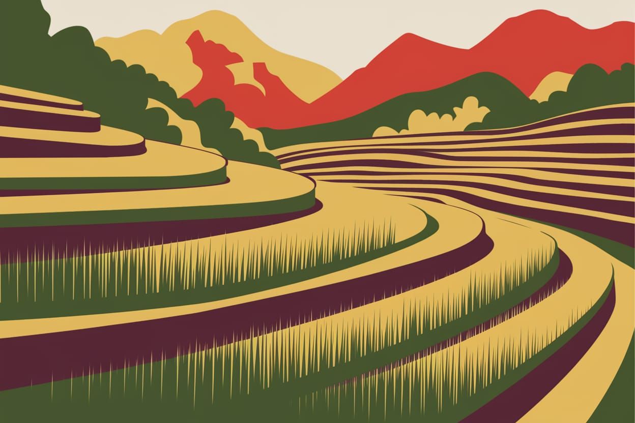 Geometric Fauvist Rice Field Landscape in Vietnamese Mountai...