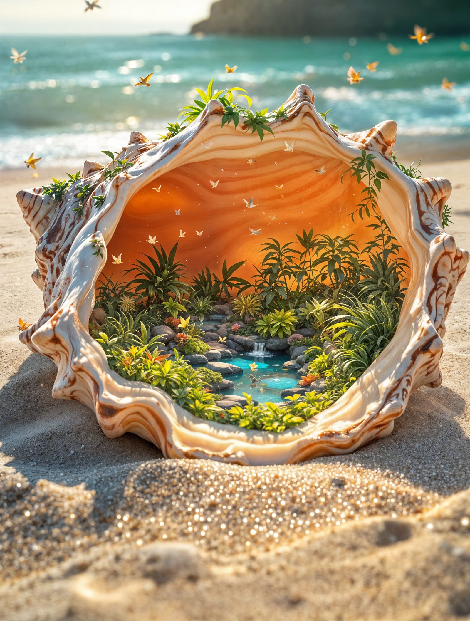 A Secret Garden Blooms Within a Giant Conch Shell