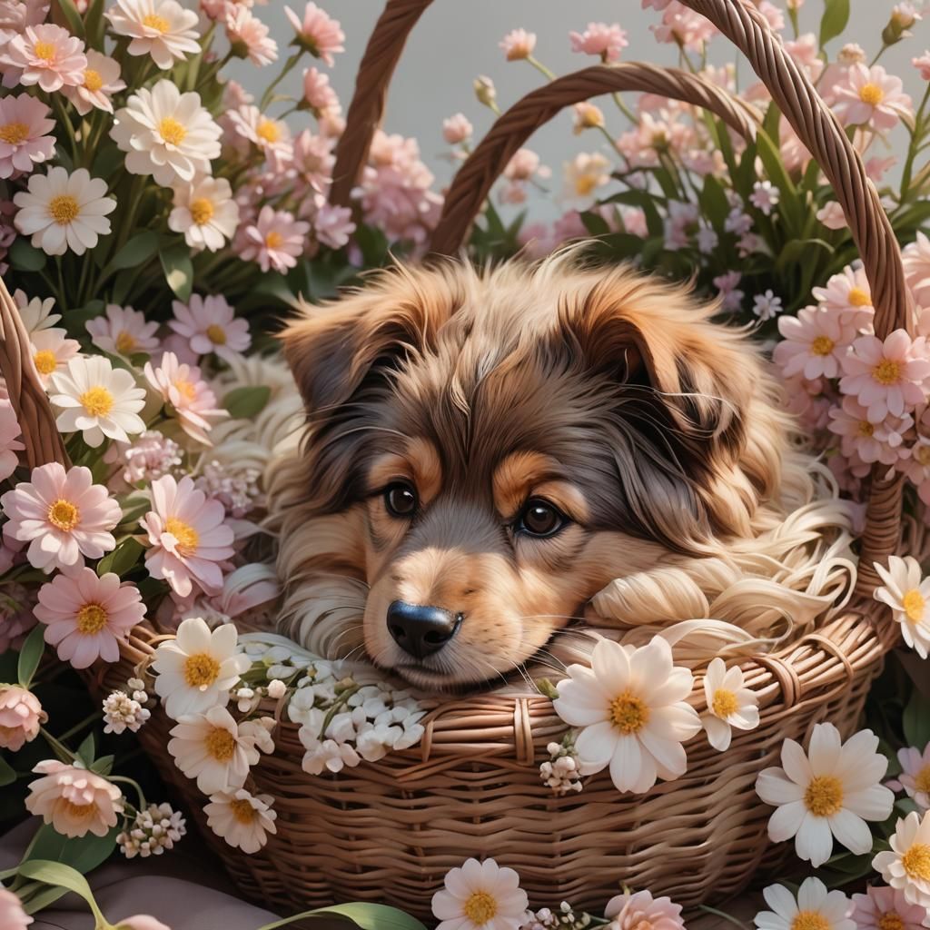Soft Pastel Anime Dog in Wicker Basket