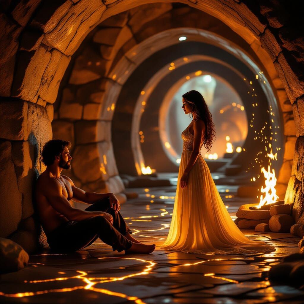 Intimate Encounter in Firelit Stone Chamber