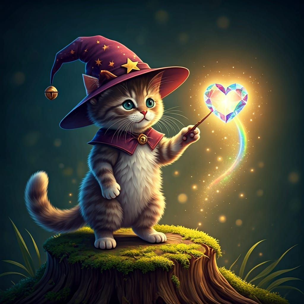 Kitten Witch Casting Rainbow Spell in Enchanted Forest