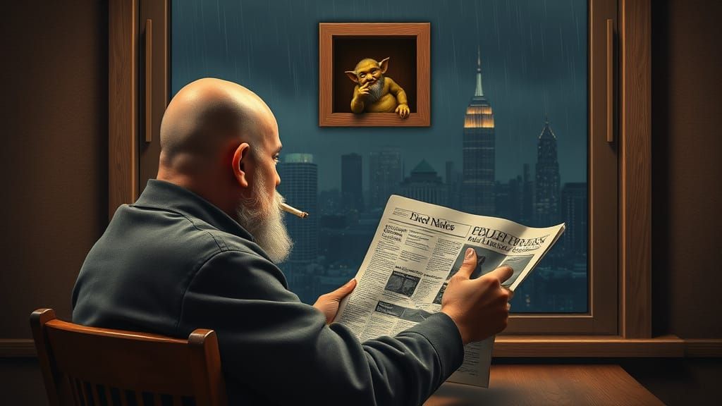 Man Reading Newspaper with Goblin, Photorealism