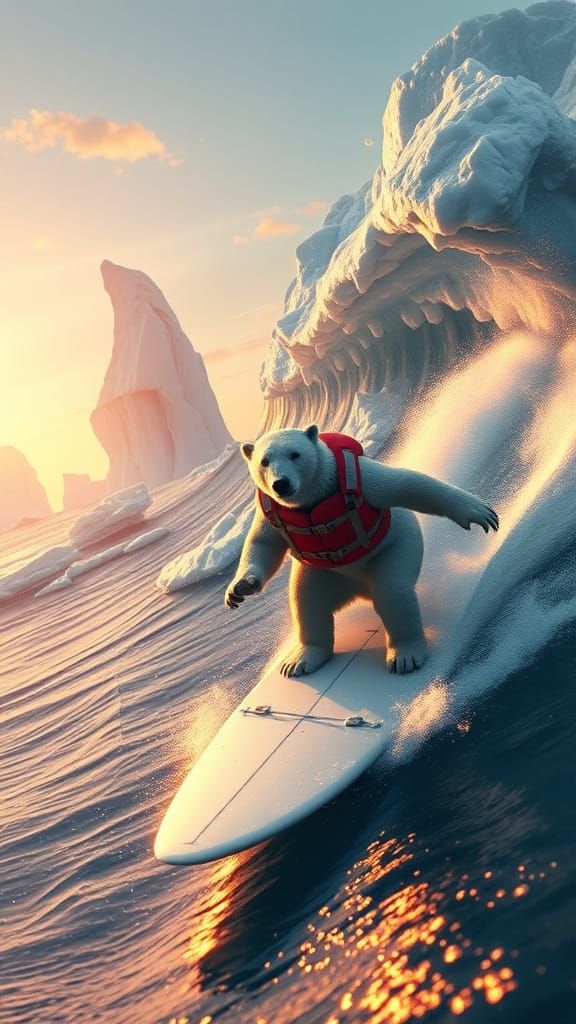 Polar Bear Surfing Ice Floe Wave at Sunset