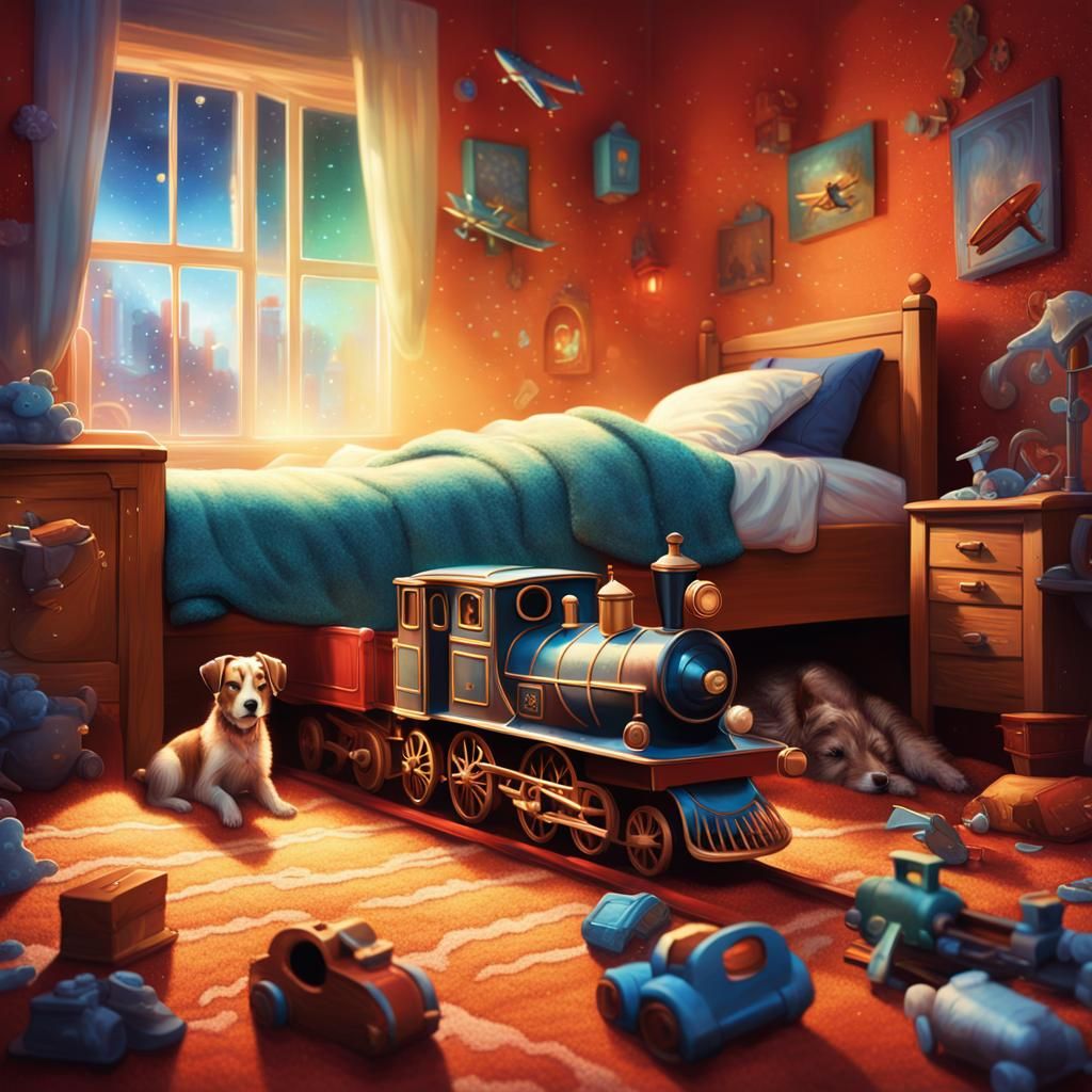 Whimsical Boy Surrounded by Holographic Visions in a Futuris...