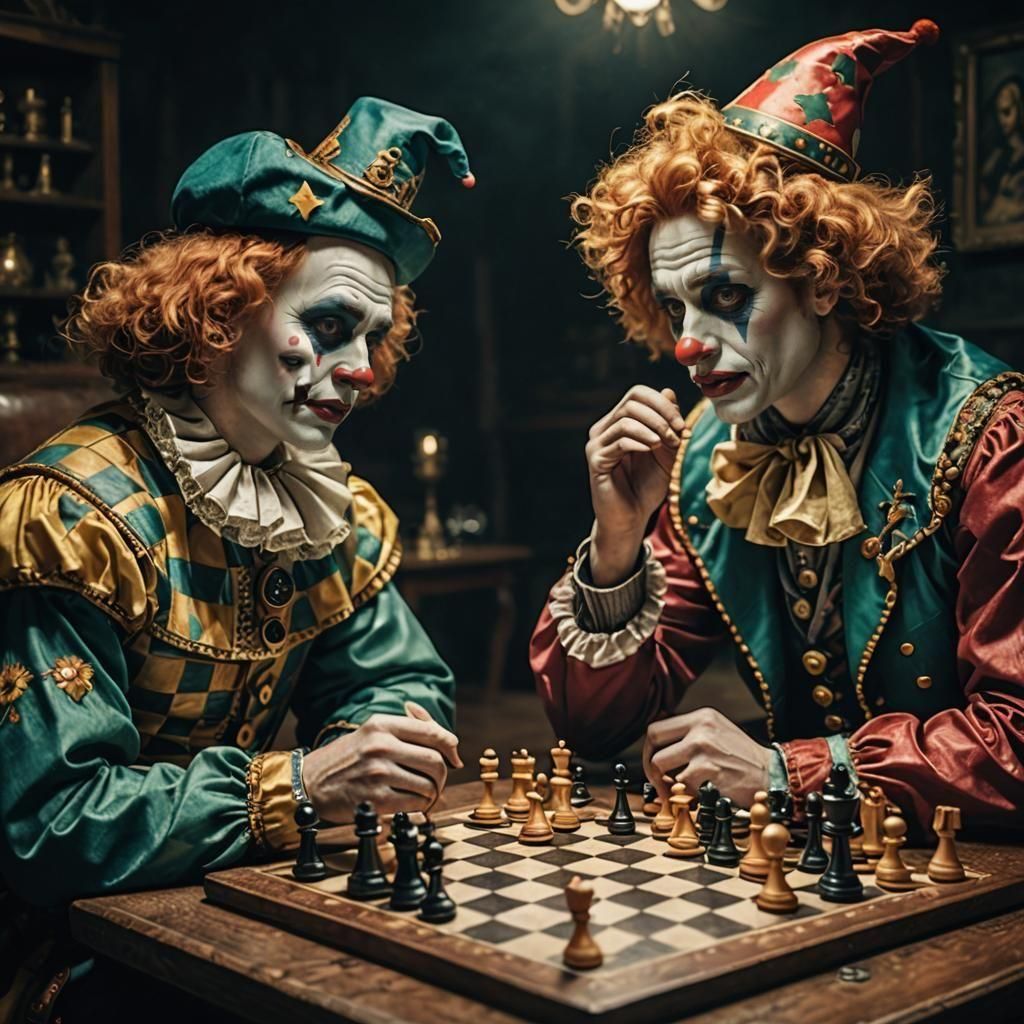 Pre-Raphaelite Clowns Play Chess: Cinematic Portrait