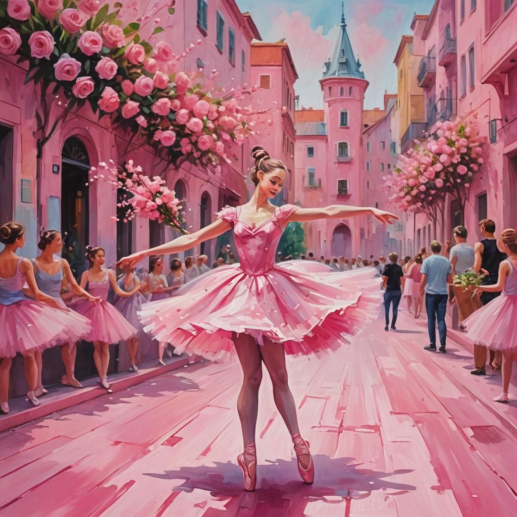 Pink Ballerina in a Vibrant, Impressionist Cityscape