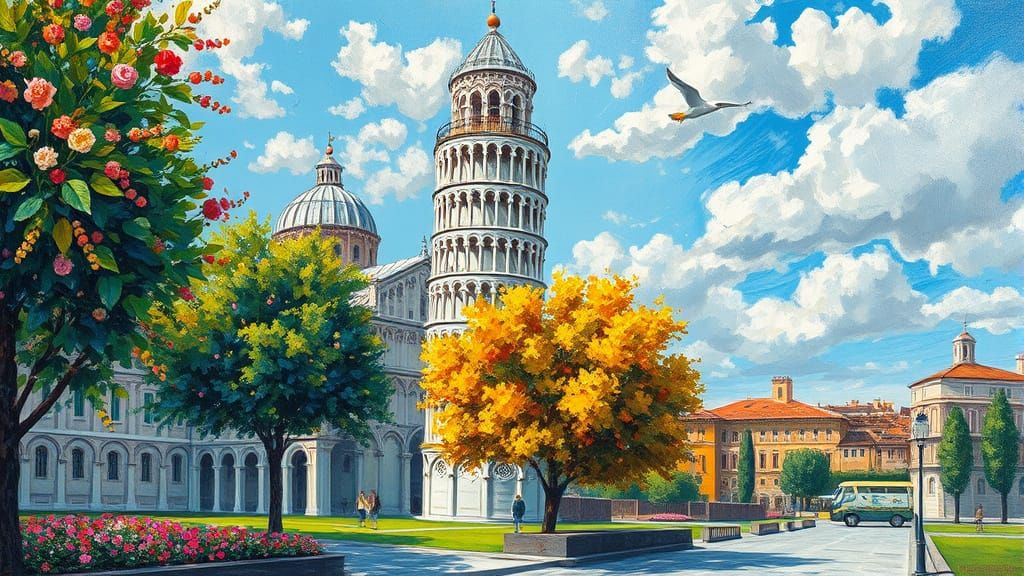Tower of Pisa: Neo-Impressionist Expressionist Oil Painting