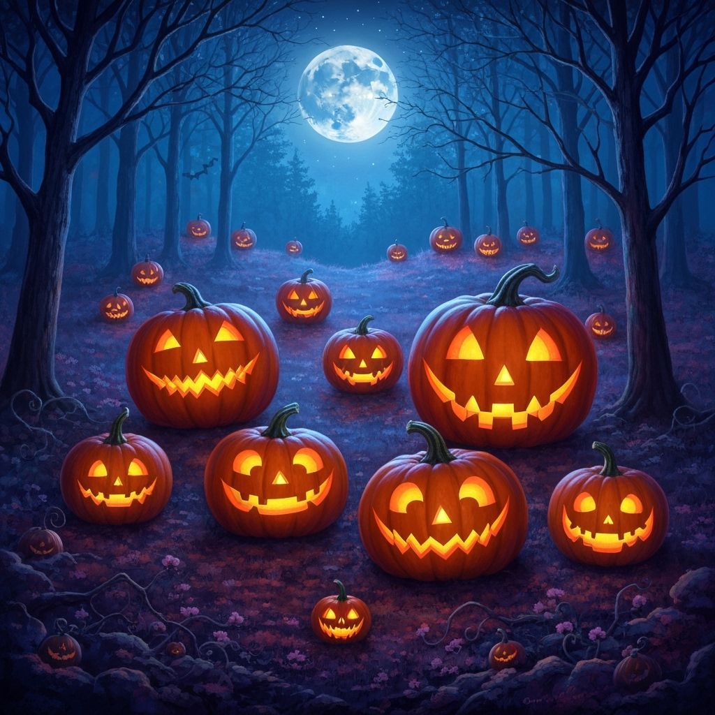 Halloween Forest of Jack-o-lanterns Under Full Moon