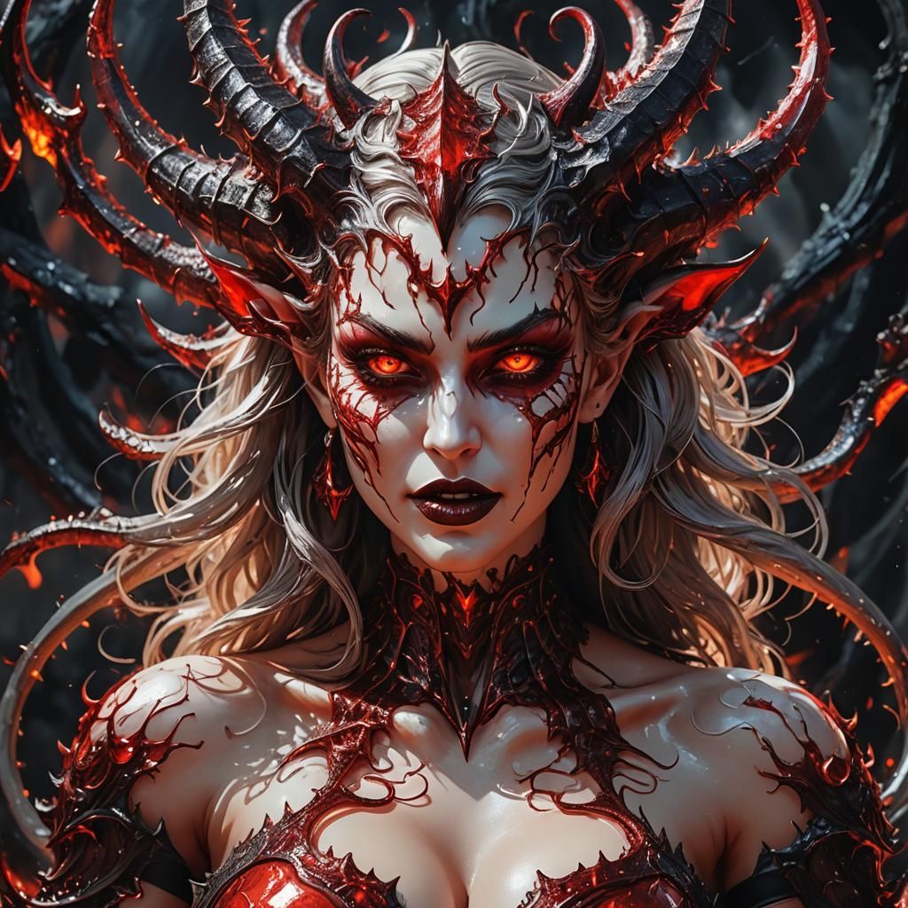 Beautiful Devil, Oil splash art, upper body shot, very beautiful face, red shining eyes, intricate detail, high contrast...