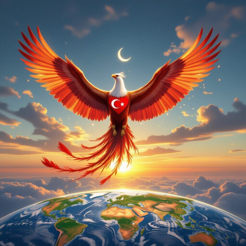Phoenix Soaring Above World Map with Turkish Flag