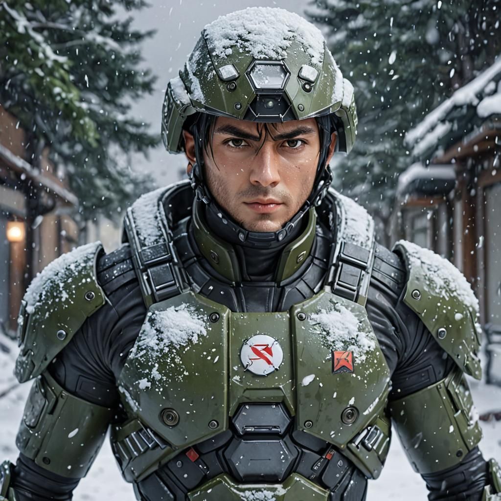 Scifi Soldier Anime Boy in a snow storm...