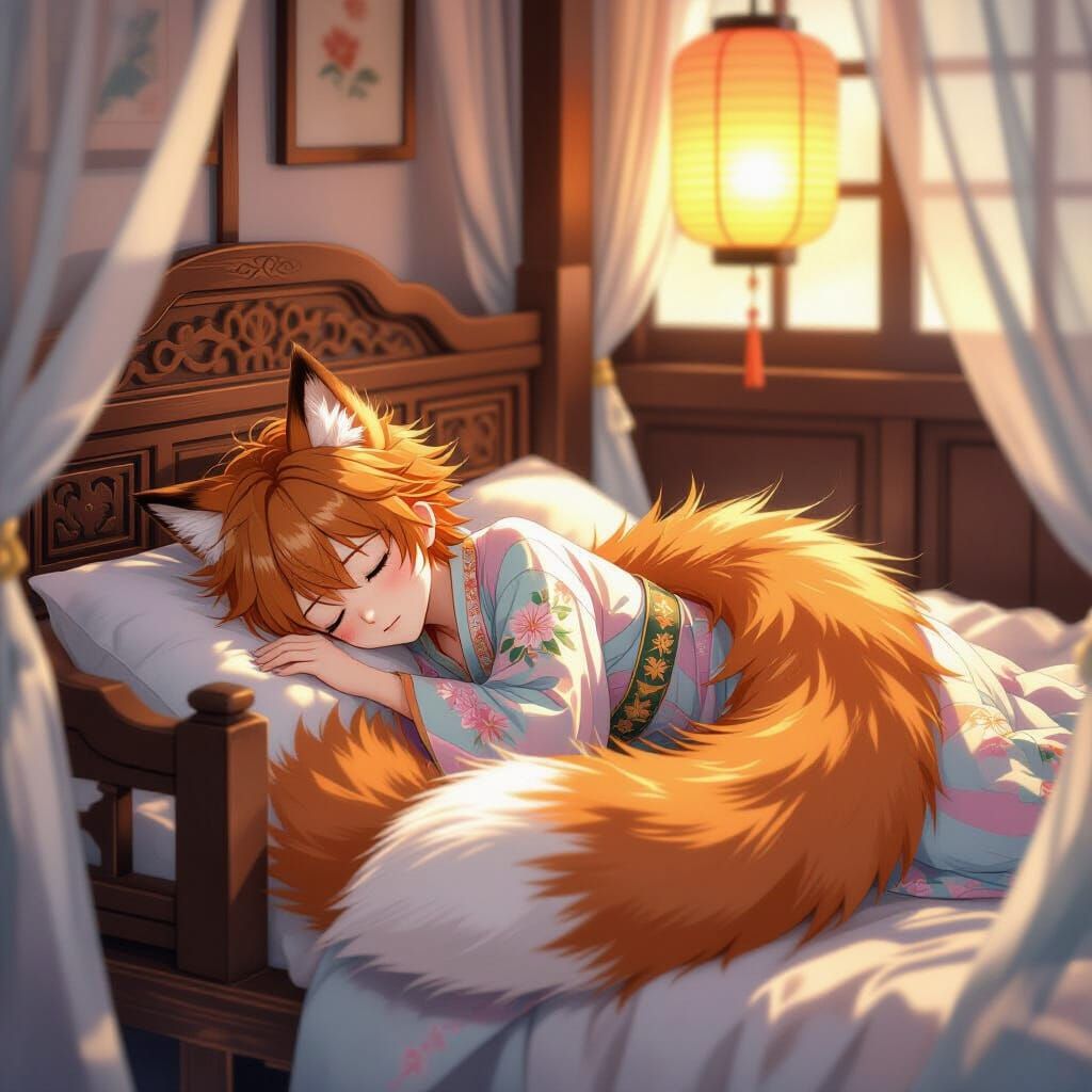 Fox-Tailed Boy Asleep in Anime Style