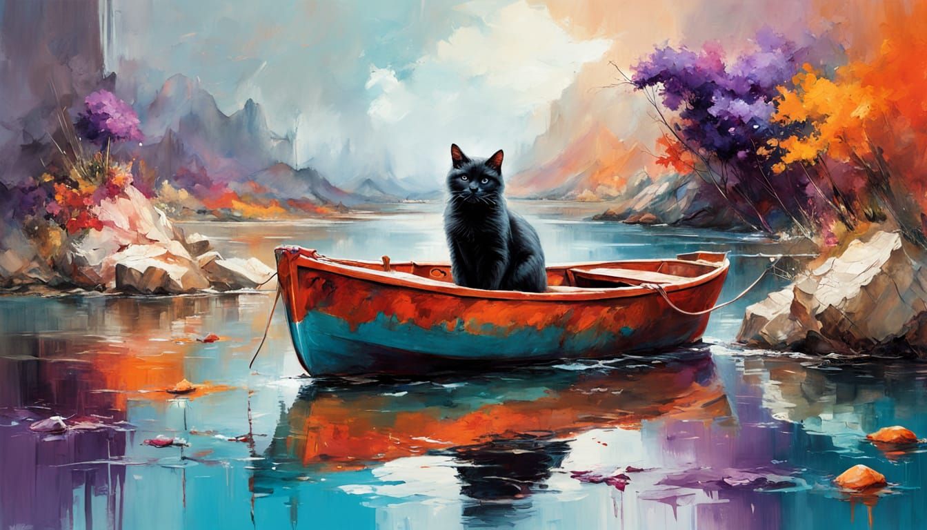 Cat on Rock in Oil Painting Landscape