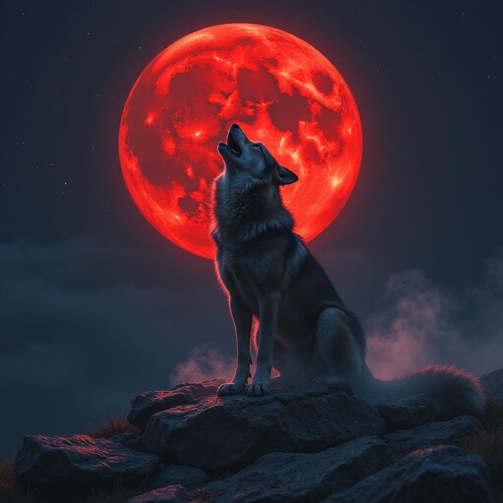 Lone Wolf Howling at Blood Moon in Dark Fantasy Style