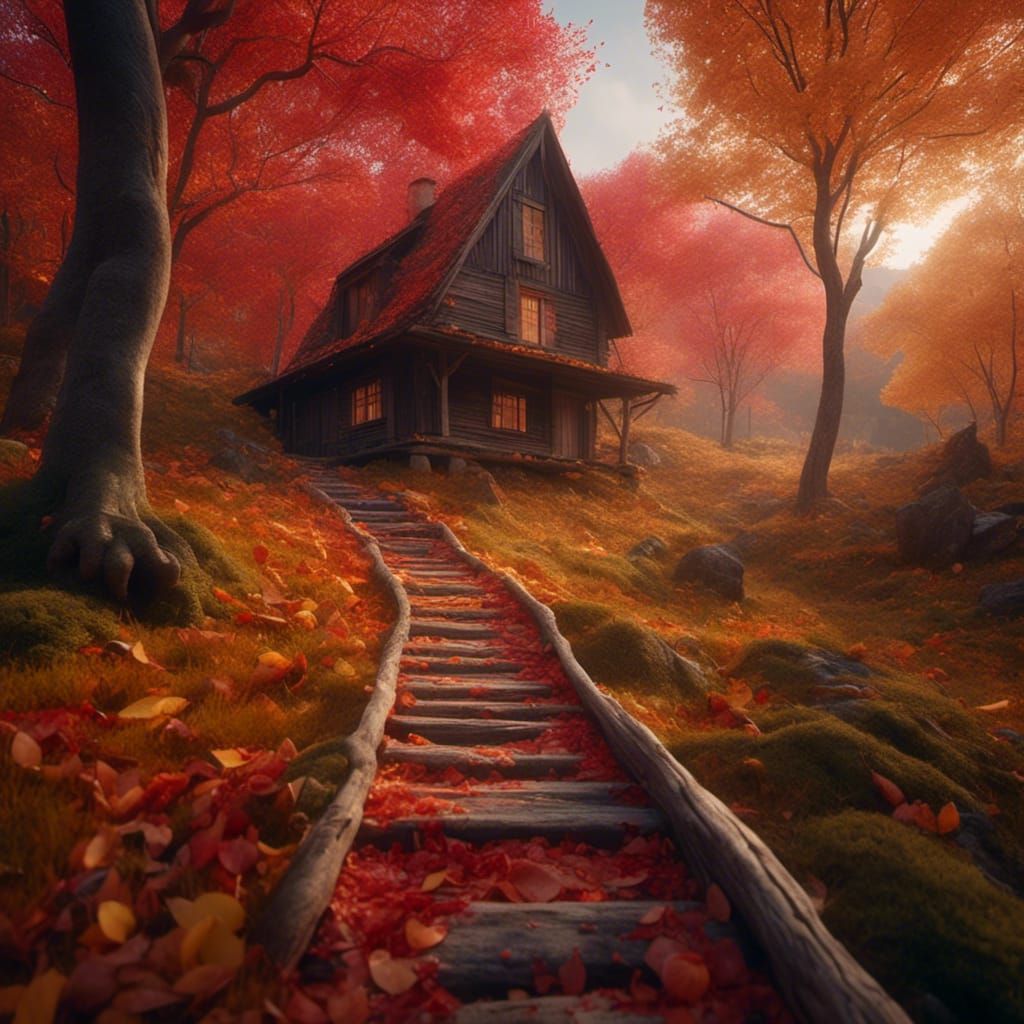 Autumn Countryside Scene in Vibrant Color with Quaint Wooden...