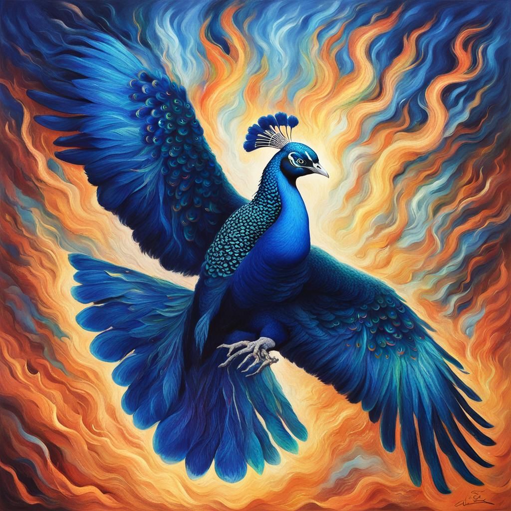 Majestic Peacock Soars Above Vibrant Blue Flames