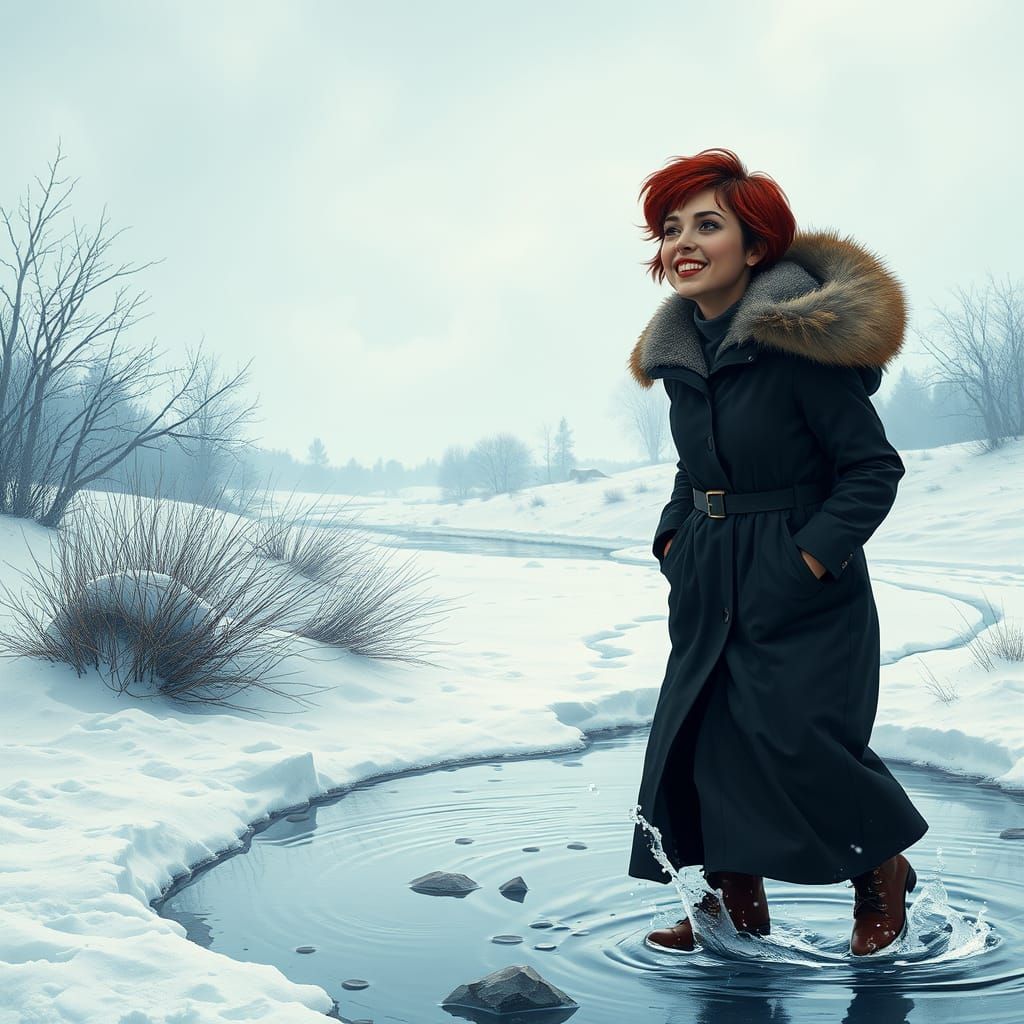 Determined Woman Transforms into Joyful Snow Playful Colors