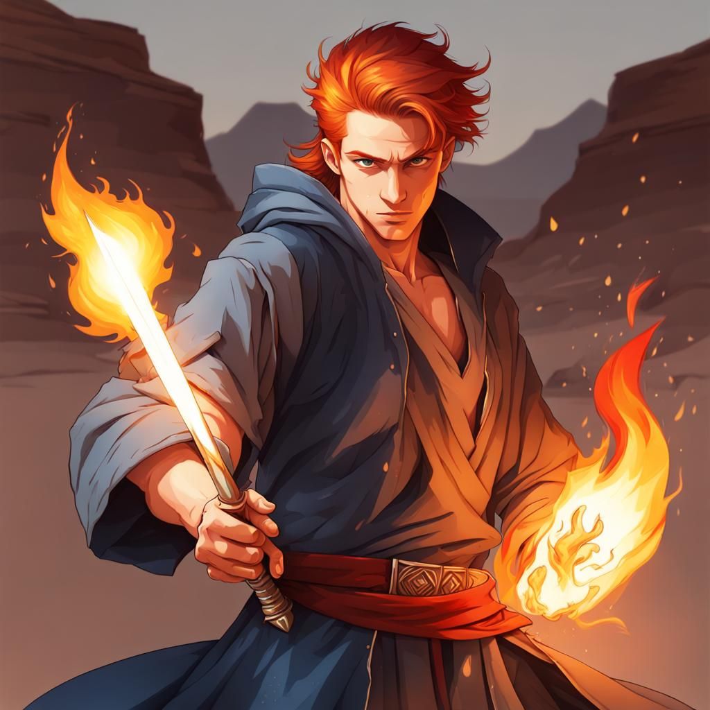 Handsome Red Haired Warrior Wields Fire Sword in Blue Desert...