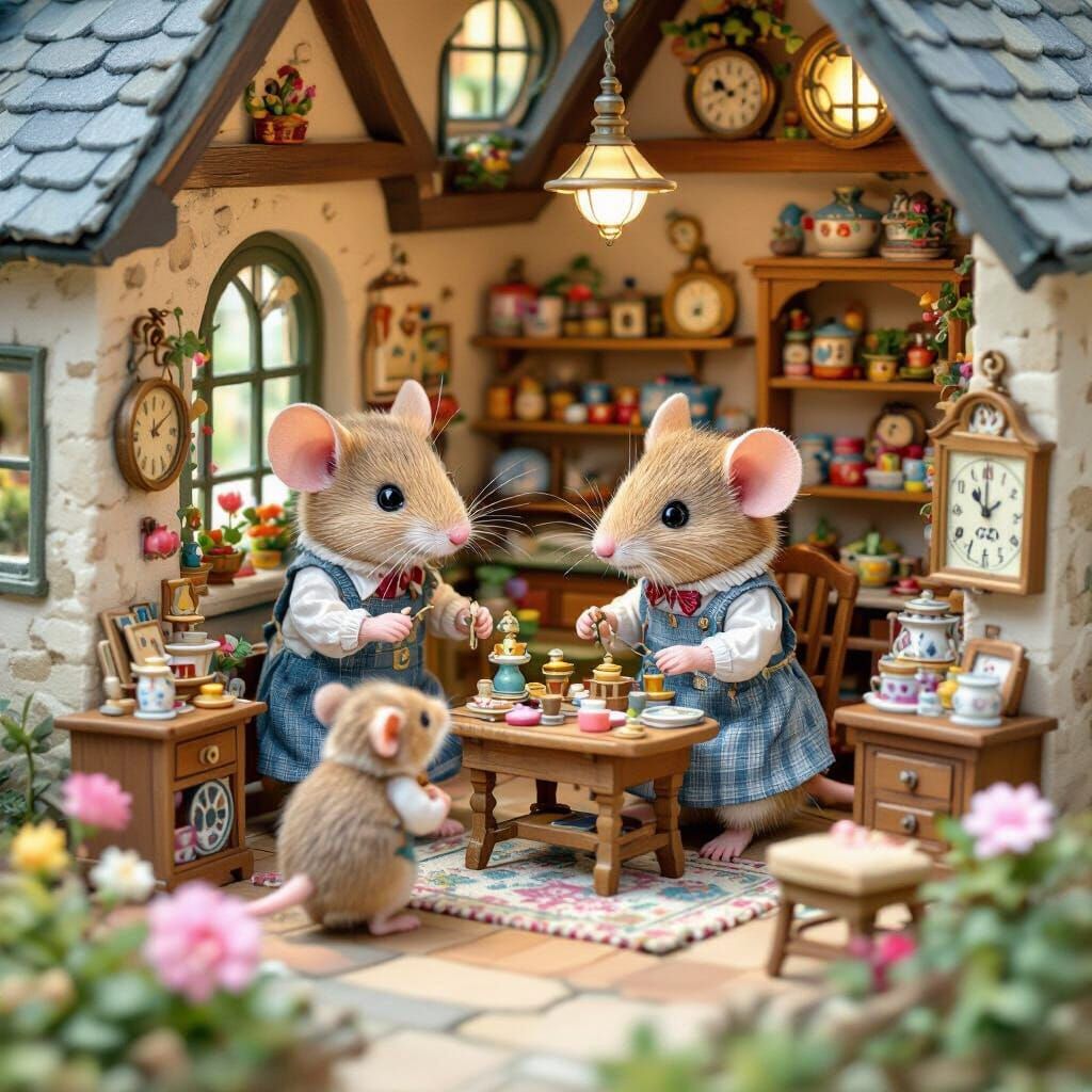Mice Run Clockwork Toy Shop in Miniature Village