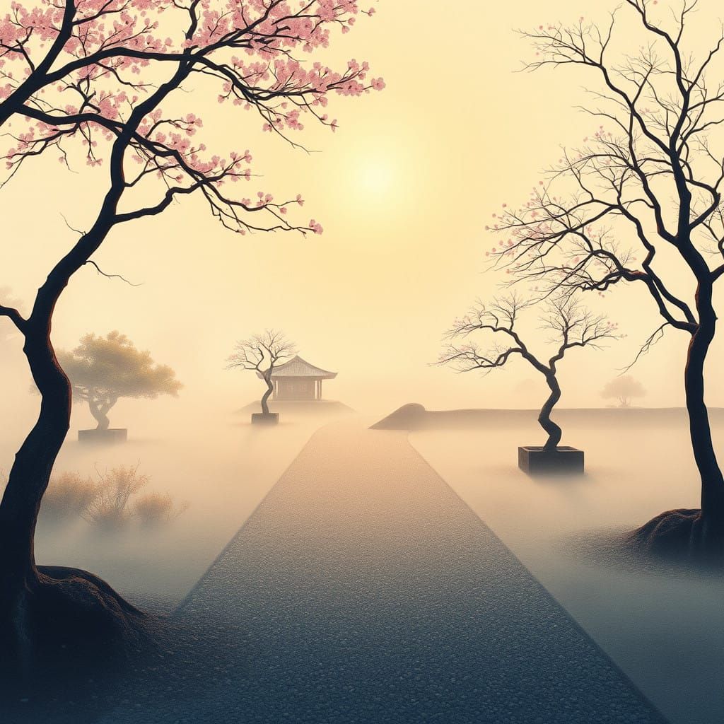 Serenely Glowing Japanese Garden in Misty Dawn Light