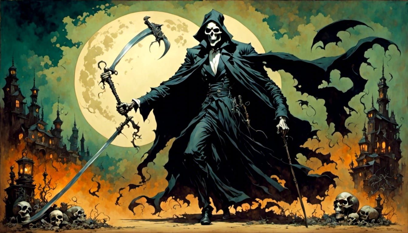 Vibrant Grim Reaper in RetroRockabilly Cartoon Style