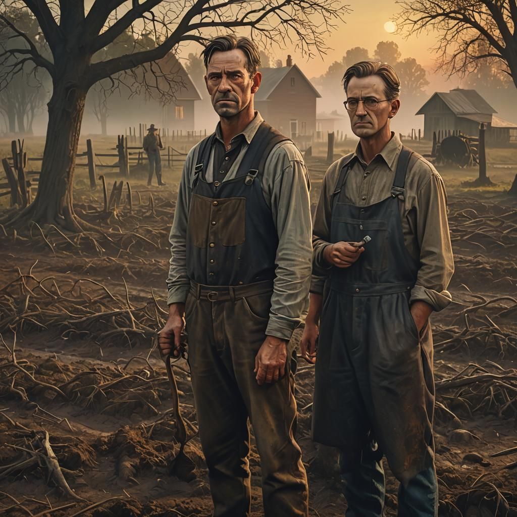 Dramatic American Gothic-Inspired Farmer Amidst Cursed Lands...