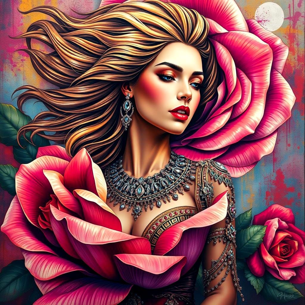 Elegantly Emerging Goddess in Vibrant, Street-Art Fantasy Wo...