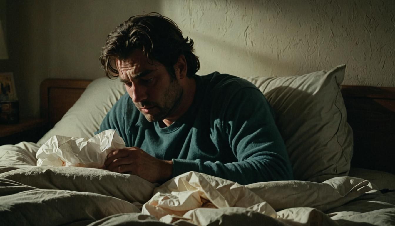 Sick Man in a Haunting Cinematic Scene with Film Grain