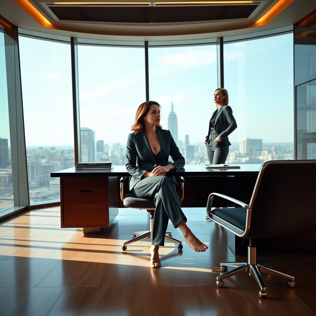 Female Executive Commands with Authority in Futuristic Offic...