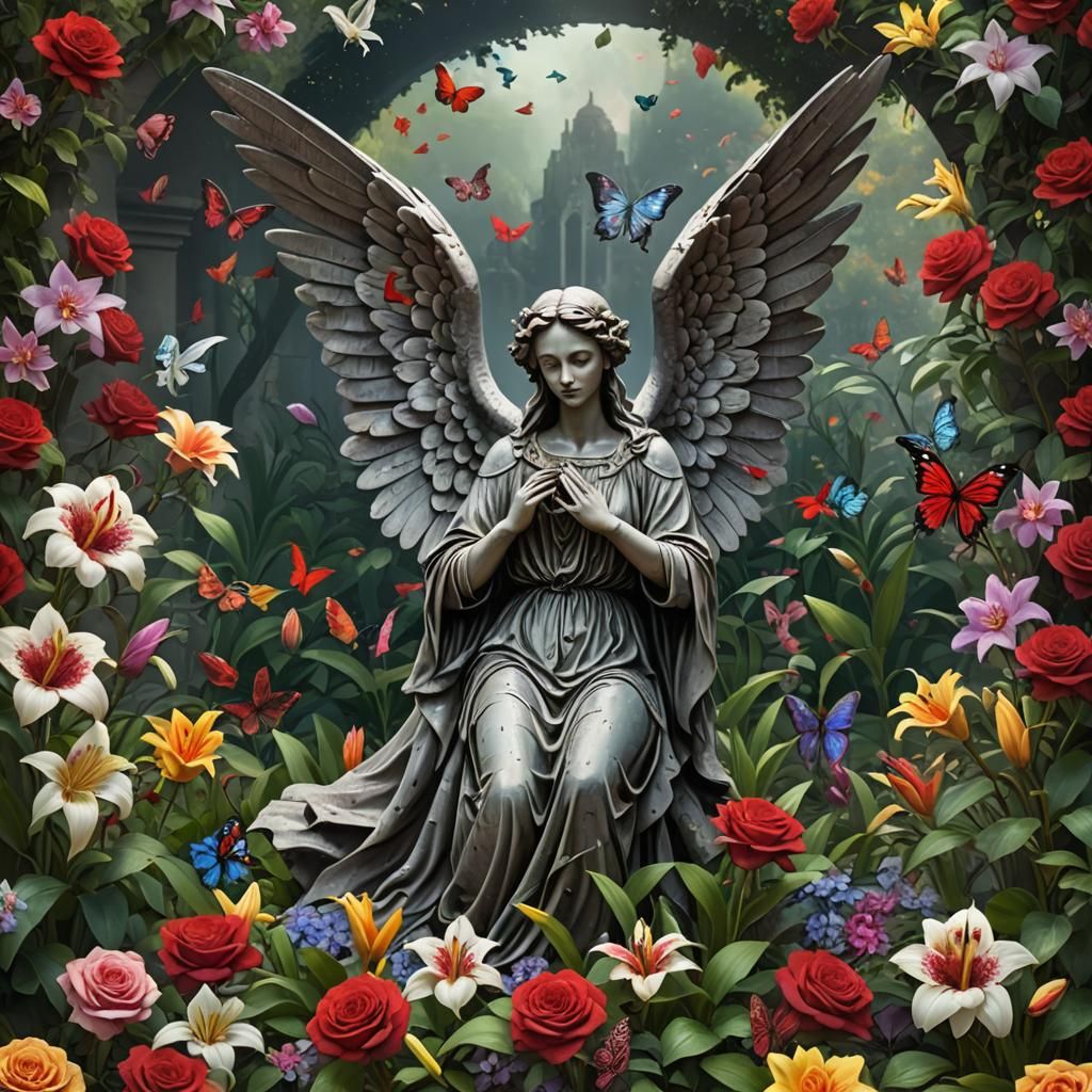 Majestic Stone Angel in Vibrant Garden Paradise