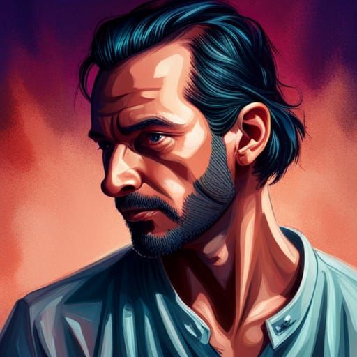 Hyperrealistic Man with Severed Snake in Vibrant Splash Art