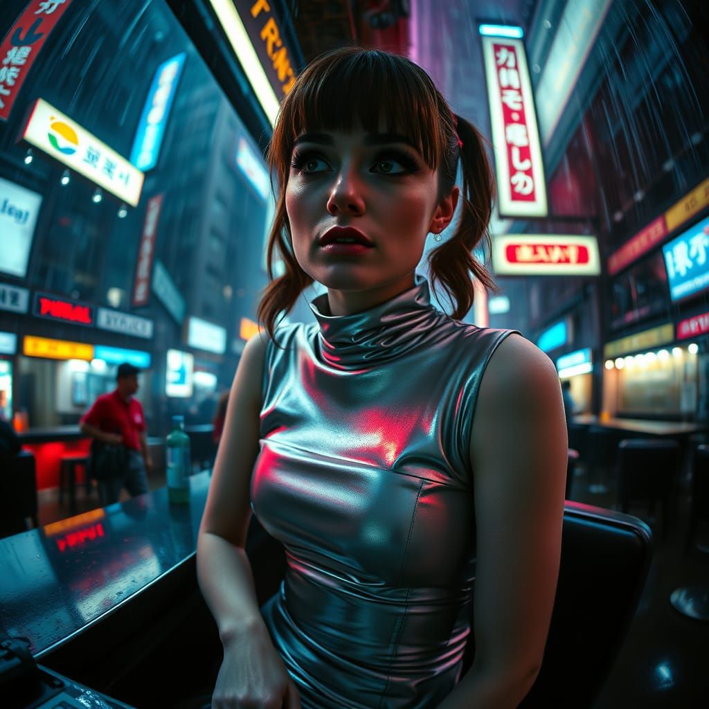 Woman in Silver Dress in Dystopian Bar