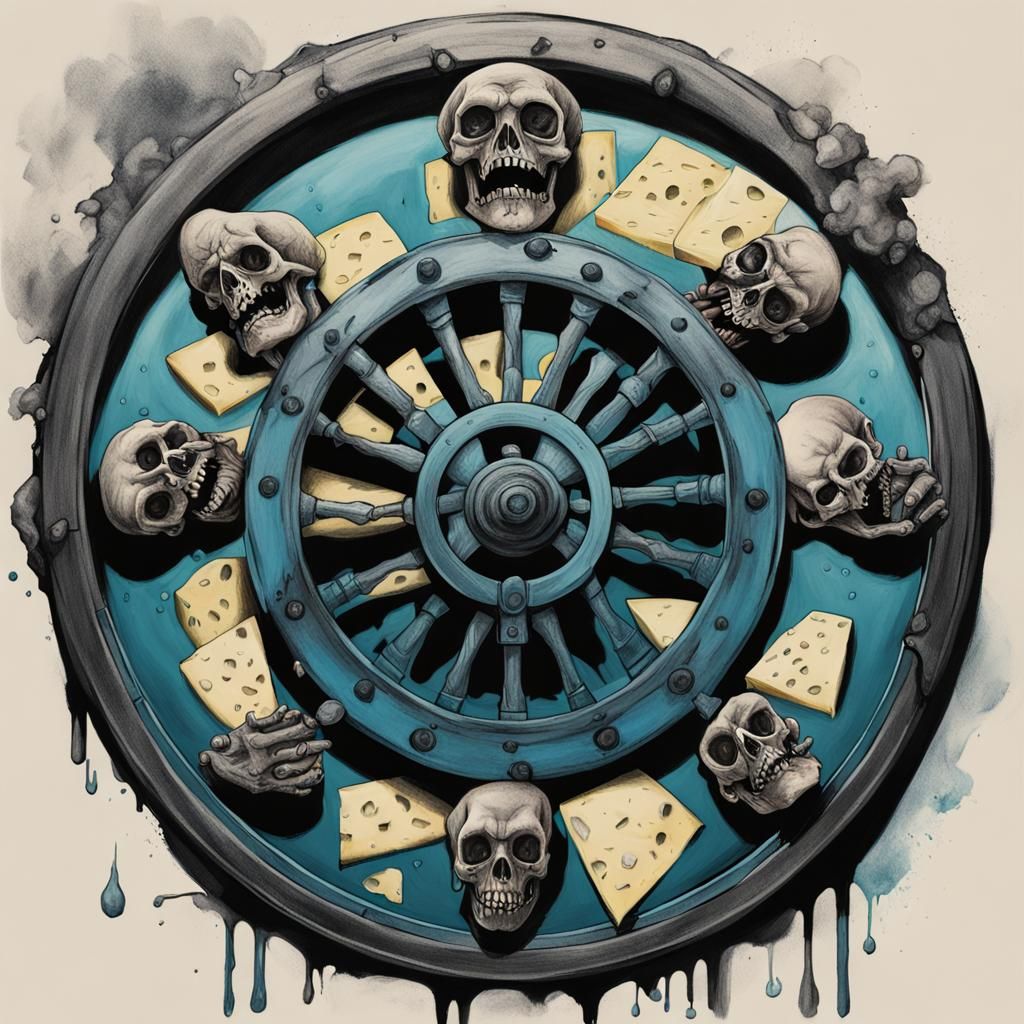Wheel of (putrid vile:1.3)
Death (blu cheese:1.5). 
Ben Bocquelet,Alex Hirsch, WLOP,
aqua+bold+bone colors, poster art, ...