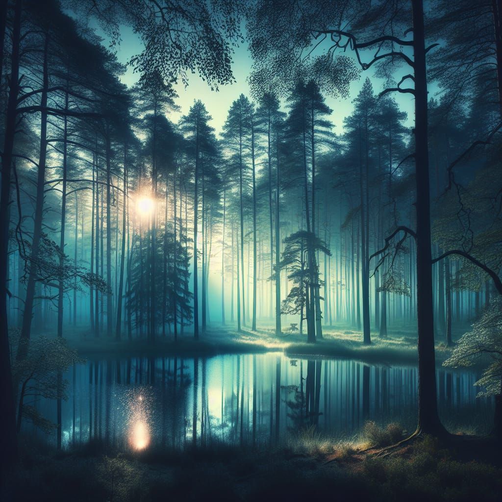 Peaceful Dawn in a Serene Forest Landscape
