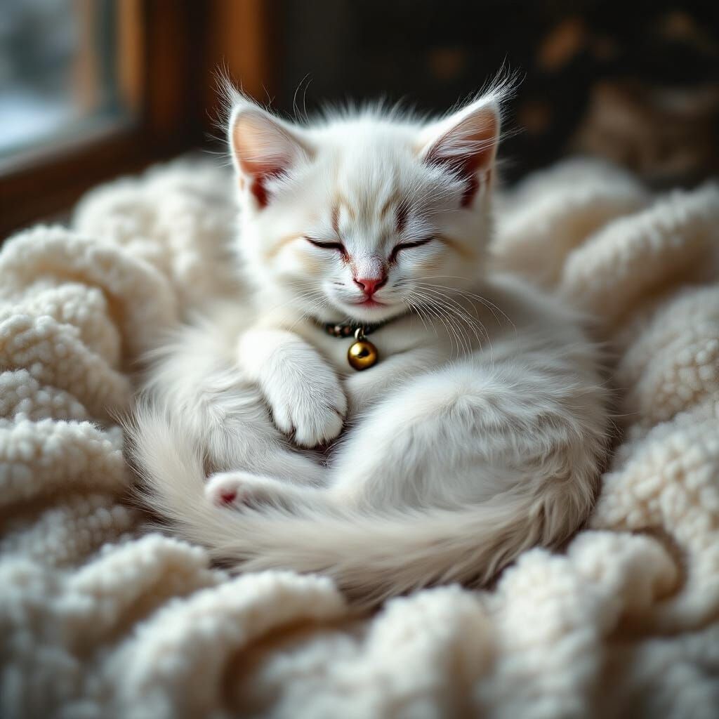 Serene White Kitten Sleeping: Naturalistic Style