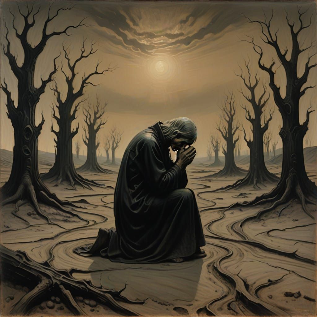 Tormented Figure Crumbles in Dust-Laden Desert