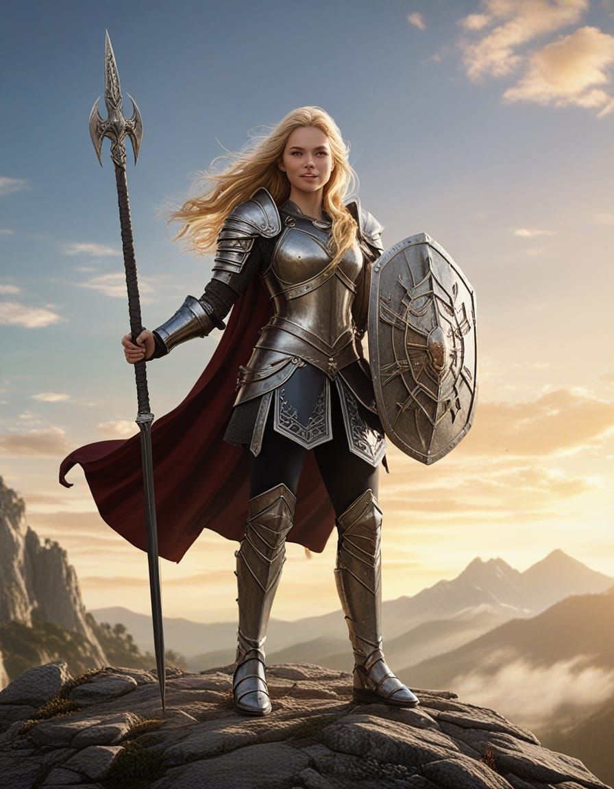 Smiling Armored Woman Deflecting Flaming Arrows