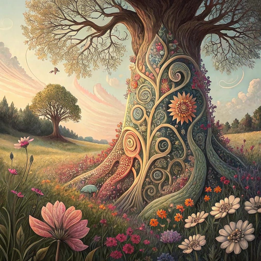 Whimsical Tree in a Floral Wonderland
