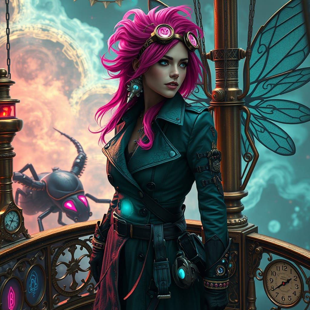 Steampunk Space Pirate on Airship in Art Nouveau Style