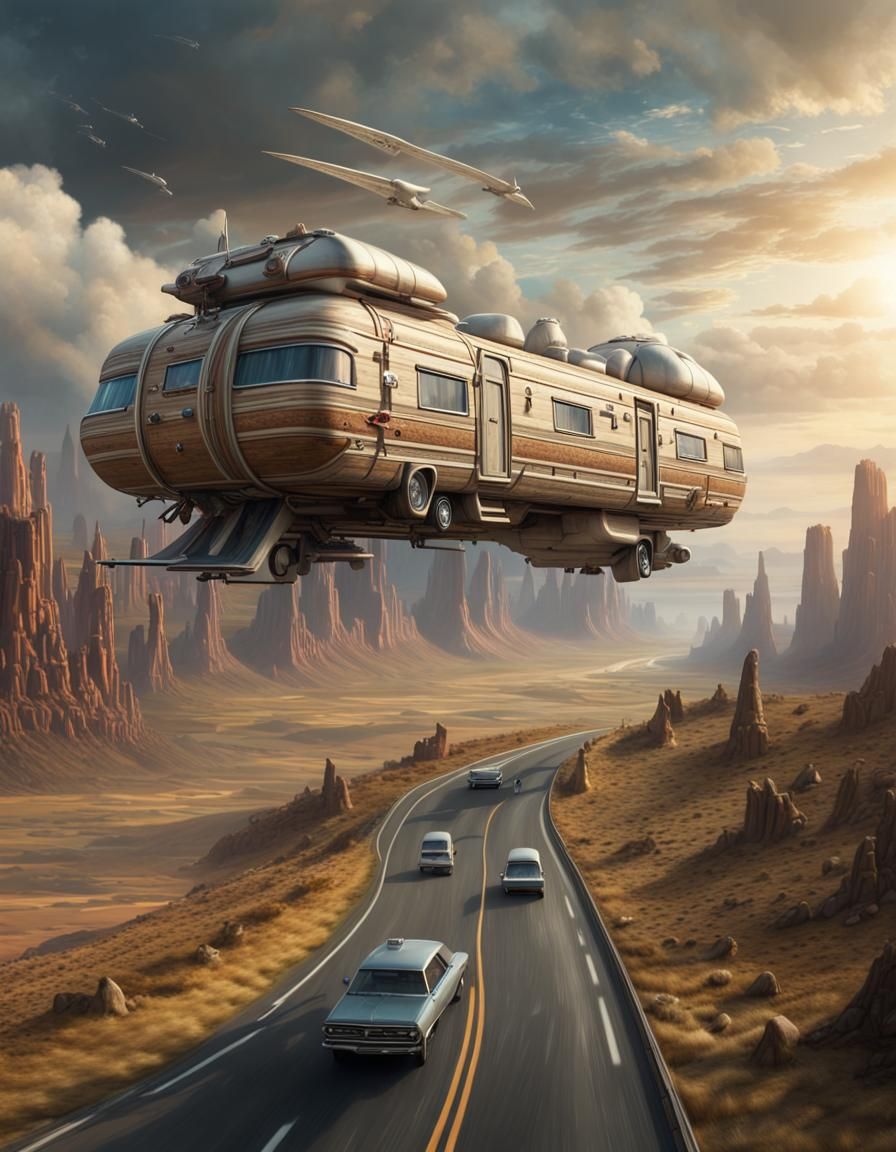 Road Trip Caravan in Epic Digital Landscape