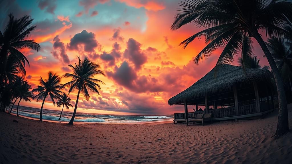 Dramatic Tropical Beach at Sunset: A Stormy, Wide-Angle Scen...
