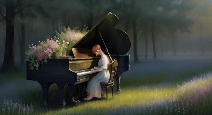 Serene Impressionist Landscape with Woman at Piano