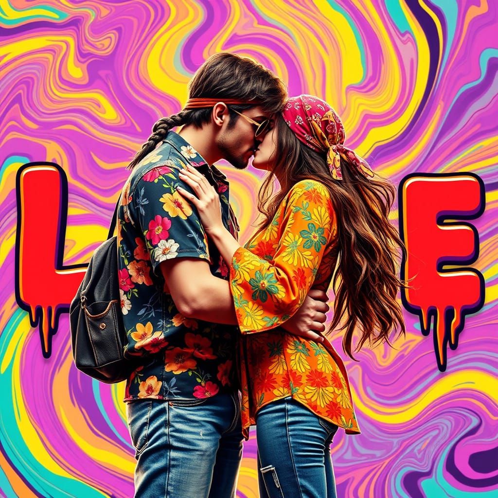 Young Hippie Couple in Psychedelic Embrace
