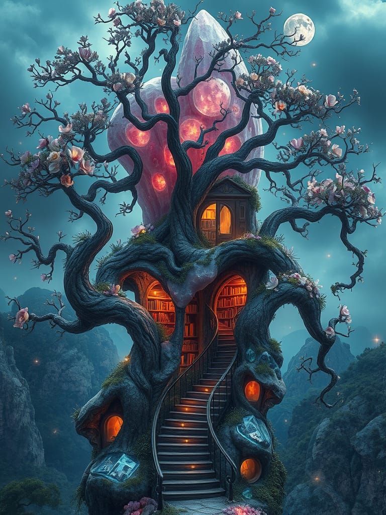 Amethyst Crystal Treehouse with Bonsai, Dreamy Art