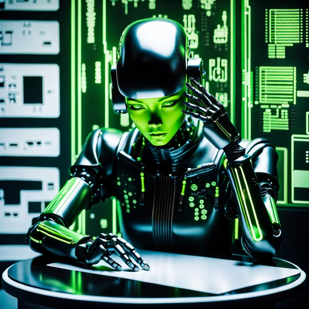 Cyberpunk Robot Deep in Binary Thought