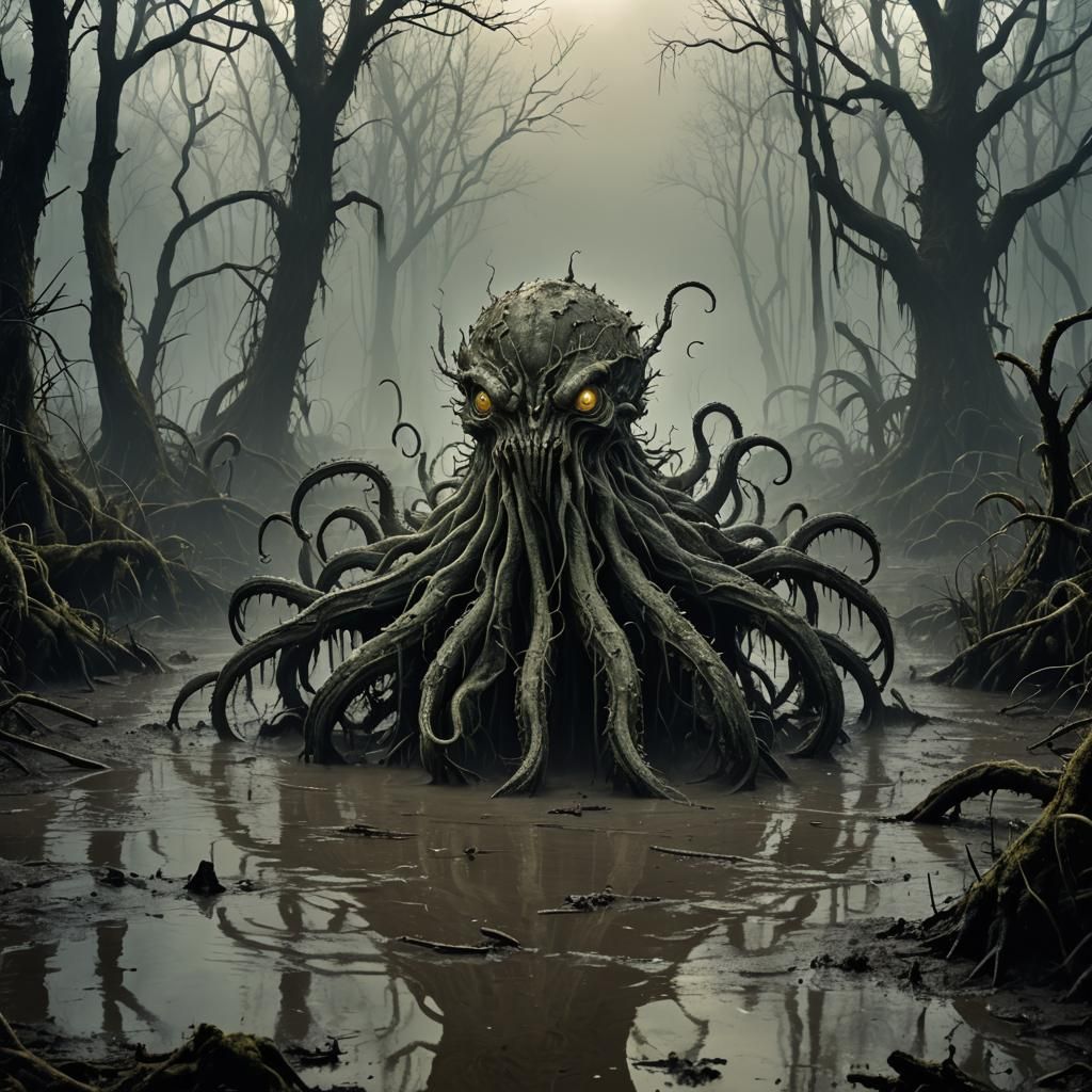 Dystopian Swamp Creature Emerges in Darkest Chiaroscuro