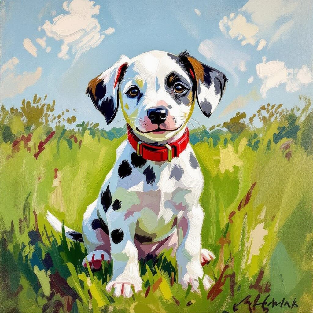 Dalmatian Puppy in Impressionist Style Grassy Field