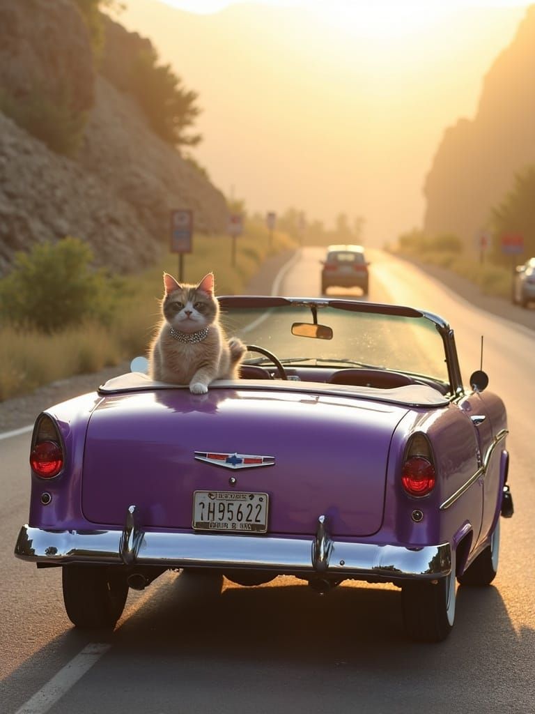 Whimsical Pearl Cat Cruises Down Sunset Road in Vintage Car