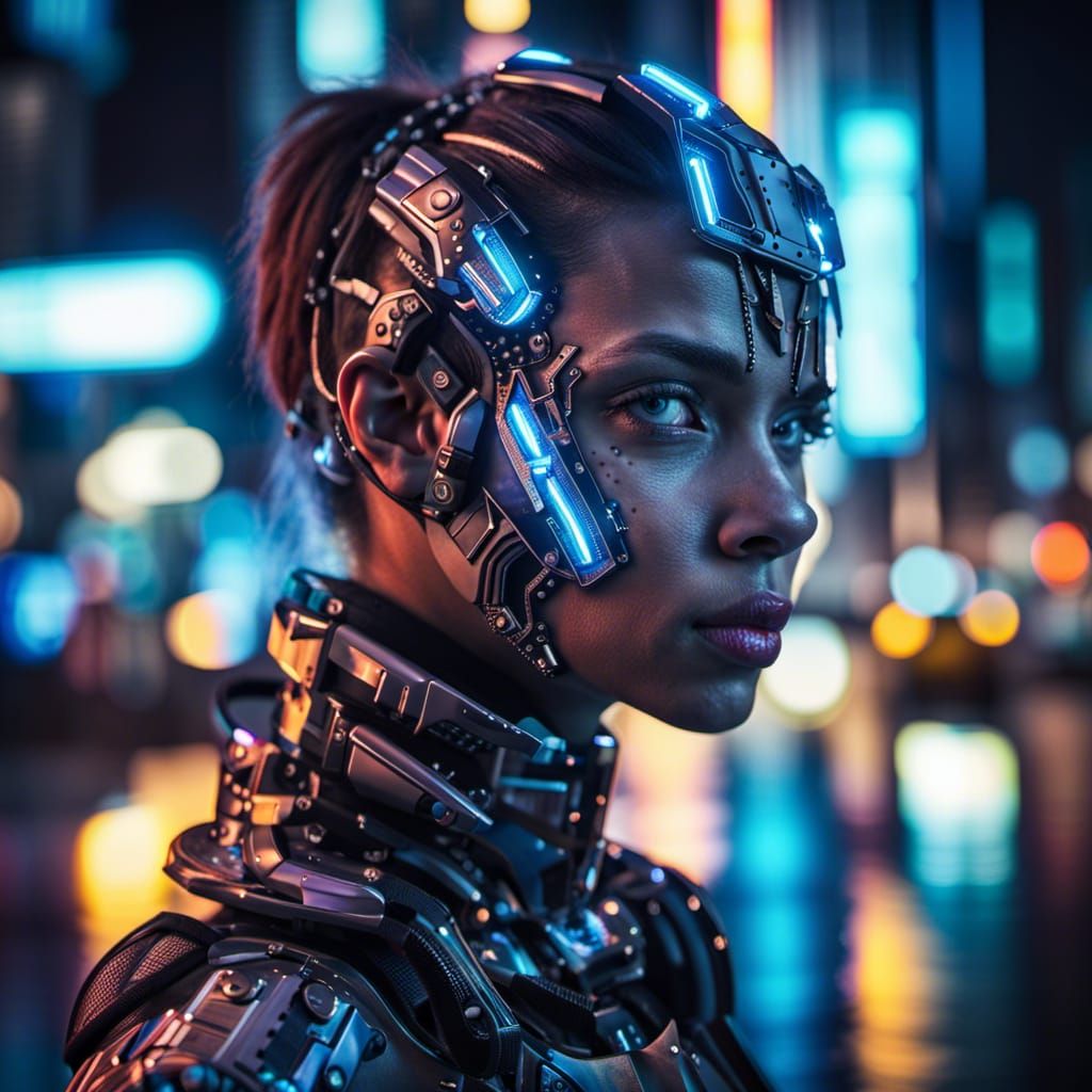 Cyborg Girl in Neon Cityscape at Night