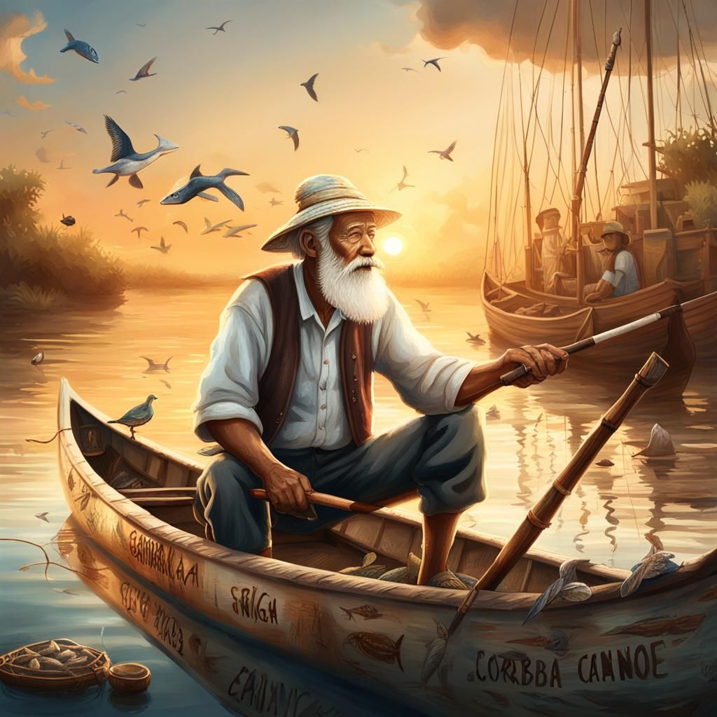 Elderly Fisherman on Sunrise Canoe Adventure